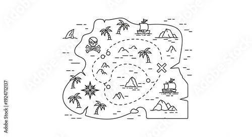 Pirate Treasure Map with Skull, Compass, Ships, Islands, and X Marks the Spot