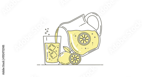 Pouring Lemonade from Pitcher into Glass with Ice, Lemons and Bubbles