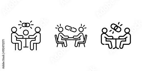 Business meeting and agreement discussion concept, two people sitting at table with linked chain symbol, partnership or connection, outline vector