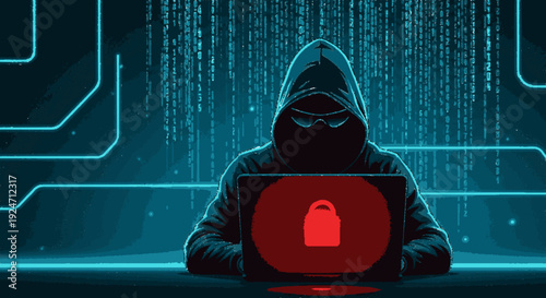 Hooded hacker working on laptop with red padlock screen in dark cyberpunk environment with blue neon lights