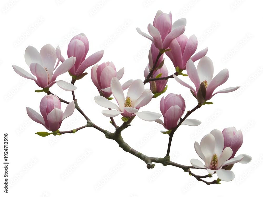 Obraz premium Elegant branch adorned with delicate pink magnolia blossoms in full bloom