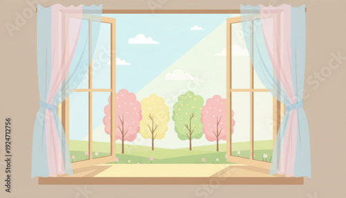 View through open window of colorful spring trees and sunny sky