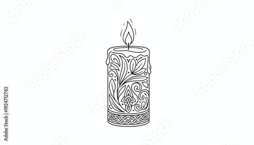 Ornate Candle Illustration with Floral Design, Celtic Knot Border, and Flame
