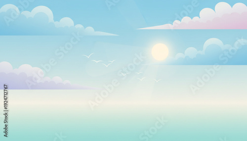 Sunshine sky with fluffy clouds and birds