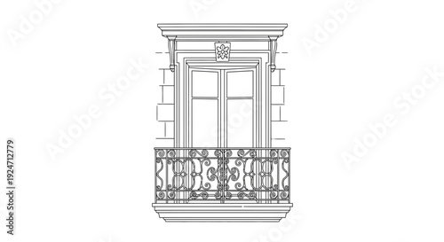 Ornate Balcony Drawing, Architectural Detail, Classic Facade Element, Vintage Design