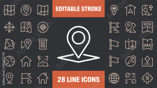 A clean and modern set of 28 editable location and navigation icons, perfect for web and app design