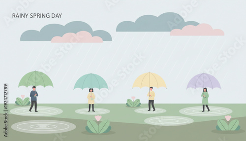 People with umbrellas on a rainy spring day with puddles