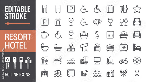 Editable line icons set for resort and hotel services, including amenities, transport, and key symbols