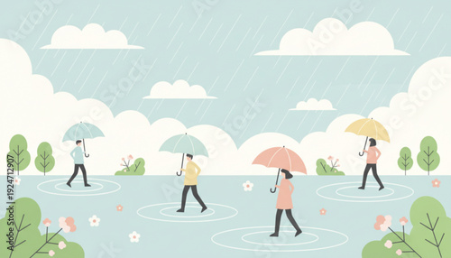 People walking on water with umbrellas on a rainy day