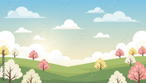 Colorful spring landscape with blooming trees on green hills