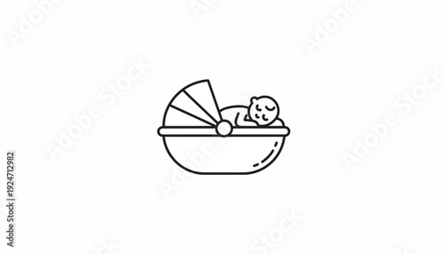 Newborn Baby Sleeping Peacefully in a Vintage Bassinet, Minimalist Line Art Icon