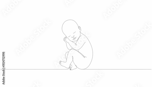 Newborn baby sleeping peacefully in fetal position, minimalist line art, symbol of innocence and new life