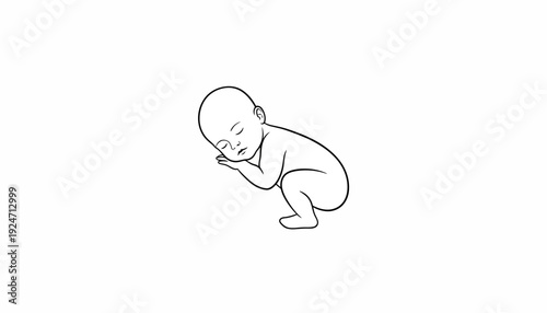 Newborn baby sleeping peacefully in fetal position, simple line art illustration