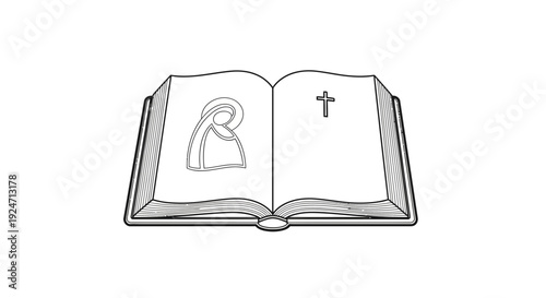 Open Holy Bible with Virgin Mary illustration and Cross symbol, religious concept