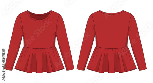 Red Long Sleeve Peplum Top Fashion Flat Sketch Illustration, Front and Back View isolated PNG with Transparent Background