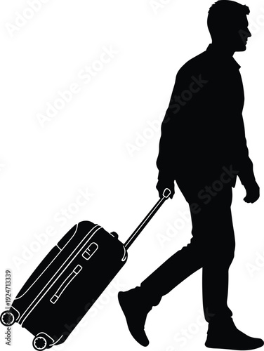 Traveler Walking with Rolling Suitcase at Airport, Business Travel Journey Concept, Passenger with Luggage Silhouette, Tourism and Transportation Vector Illustration