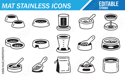 Editable stroke outline icons of animal feeding accessories.