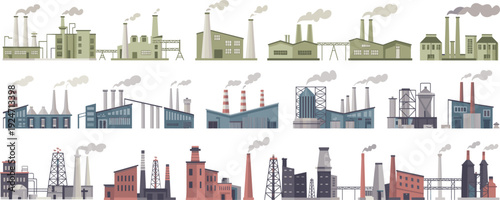 Industrial factory buildings and manufacturing plants with smokestacks warehouses refineries flat vector illustration isolated collection set
