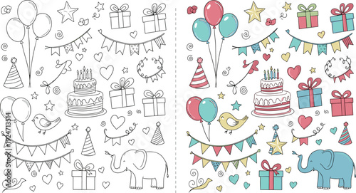 Birthday party doodles, cake, balloons, gifts, elephant, bird, stars, hearts, bunting, festive icons, celebration elements, coloring page, hand drawn, vector.