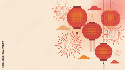Festive Red Lanterns and Fireworks Display on a Pale Background