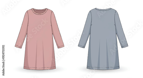Vector fashion flat sketch of women's long sleeve casual mini dress, front and back views, isolated PNG with Transparent Background