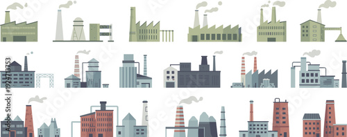 Industrial factory buildings collection with smokestacks, warehouses and power plants flat vector illustration set isolated on light background