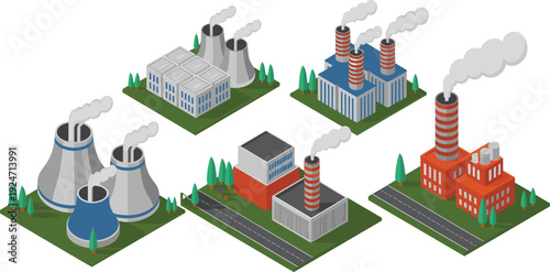 Isometric industrial power plants and factory buildings with smokestacks cooling towers roads vector illustration isolated collection set