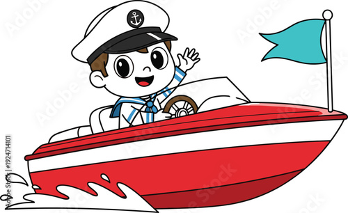 Cute cartoon boy captain driving speedboat vector illustration with sailor uniform, waving hand, water splash, marine adventure theme