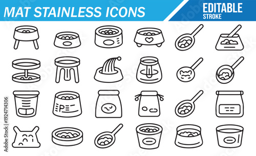 Vector illustration of pet food scoops, mats, and feeders.