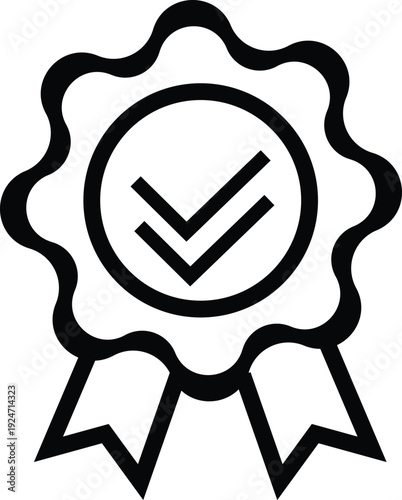 A simple black and white icon of a rosette ribbon with a checkmark inside