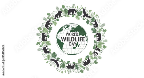 Vector illustration of World Wildlife Day logo with animals and leaves around the globe on a white background.