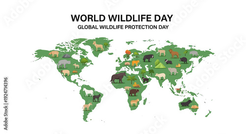 Illustration of a colorful world map highlighting wildlife protection areas on World Wildlife Day with a mix of green, orange, and brown tones, emphasizing global conservation efforts on a