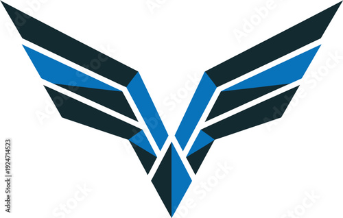 Stylized wing logo with blue and black feathers on a white background