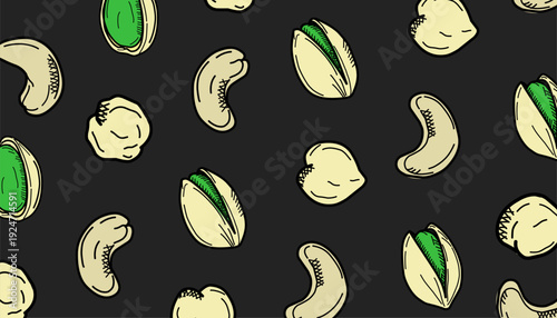Mixed Nuts Seamless Pattern Design. Pistachio Cashew Chickpea Hand Drawn Illustration. Organic Snack Repeating Background. Minimal Outline Food Vector Texture.