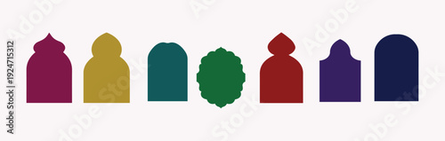 Old mosque windows shape in oriental style. Islamic door set.