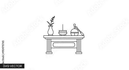 Minimalist Line Art of a Table with Altar Items: Incense, Vase, and Offering Bowl