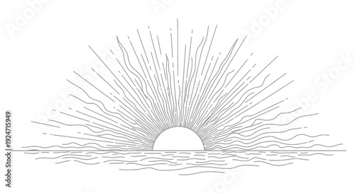 Minimalist Sunrise Over Ocean Line Art, Sun Rays Bursting, Calm Water Horizon