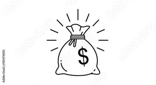 Money Bag Icon with Dollar Sign and Glowing Rays, Symbol of Wealth and Success