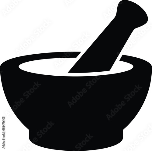 A mortar and pestle, a classic symbol of pharmacy and medicine preparation.