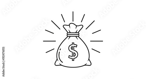 Money Bag Icon with Dollar Sign and Light Rays, Symbol of Wealth and Finance