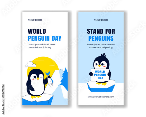Vertical Banner Design World Penguin Day Flat Cartoon Hand Drawn Style