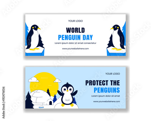 Horizontal Banner Flat Cartoon Hand Drawn for World Penguin Day