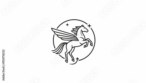 Mythical Pegasus Flying Horse Logo, Winged Steed Silhouette in Circle with Stars