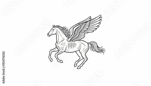 Mythical Pegasus Horse Flying with Wings, Line Art Drawing, Fantasy Creature