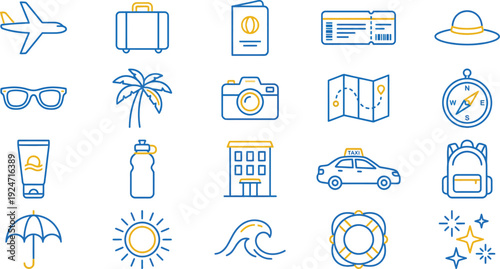 Collection of essential blue and yellow line art icons representing various travel and vacation items.