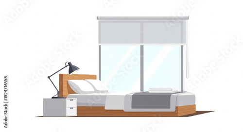 Modern Bedroom Interior With Large Window and Bed.