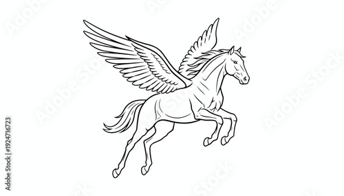 Mythical Pegasus Horse with Wings Flying in Sky, Line Art Drawing