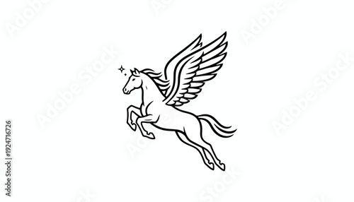 Mythical Pegasus Horse with Wings Flying, Line Art Illustration, Fantasy Creature