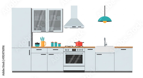 Modern Kitchen Interior With Appliances And Cabinets.