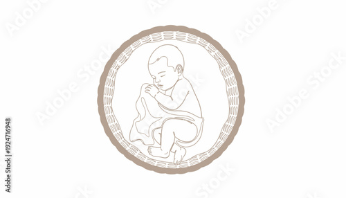 Newborn baby sleeping peacefully in a circular frame, illustration, gentle, serene, comfort